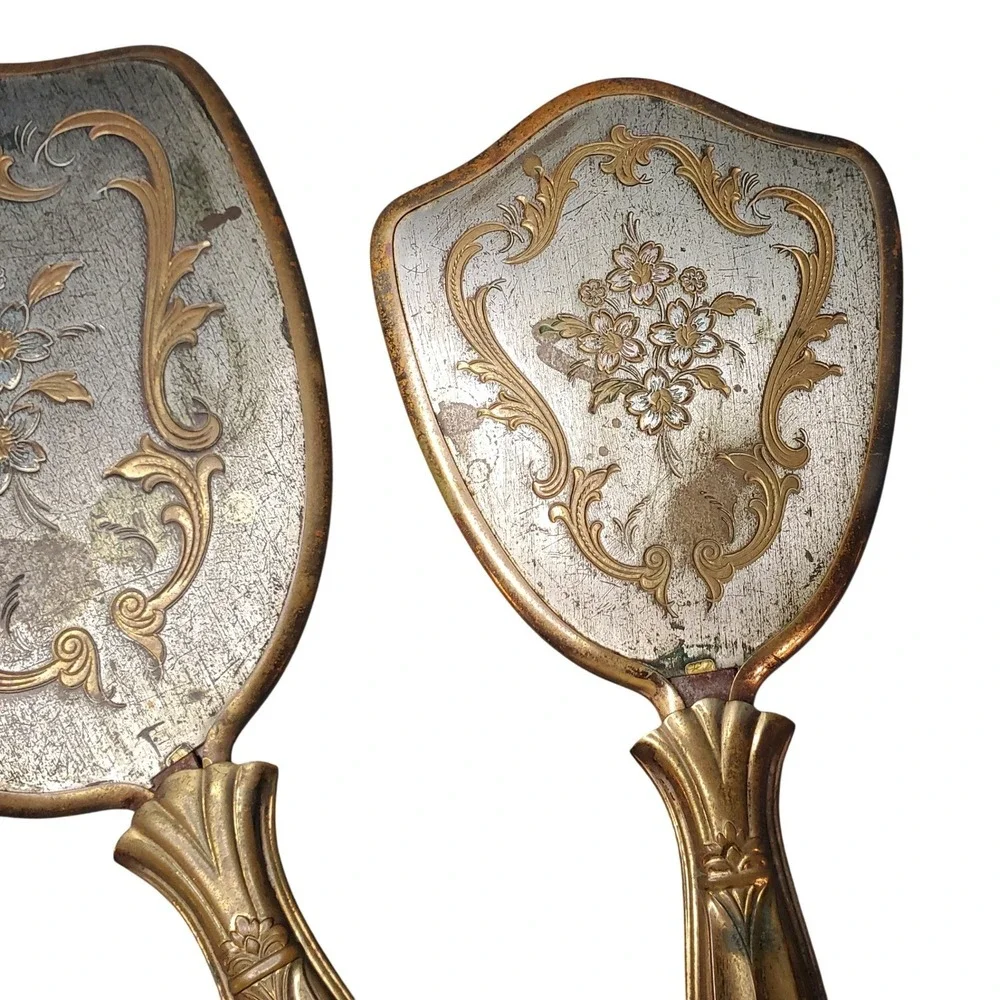 VTG 1950s Gold Tone Vanity Set Hand Mirror & Hair Brush Hollywood Regency Floral